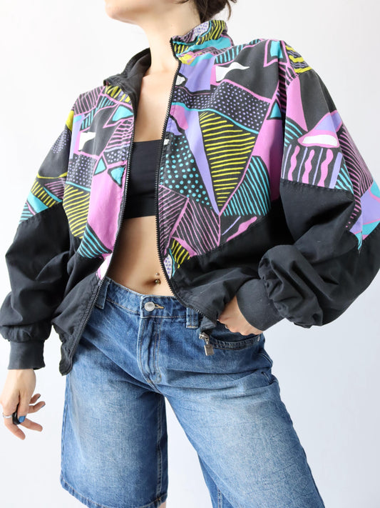 Vintage 80er 90er TRIGEMA Trainingsjacke Jacke Stehkragen crazy pattern bunt schwarz XL