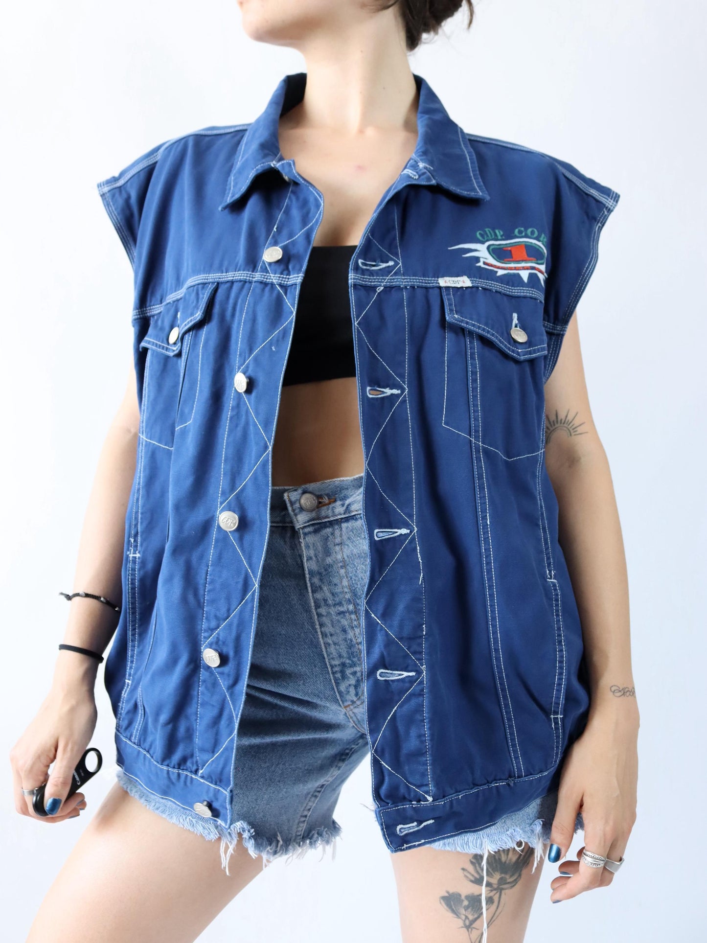 Vintage 80s 90s CDP COMPANY vest blue white embroidery XL
