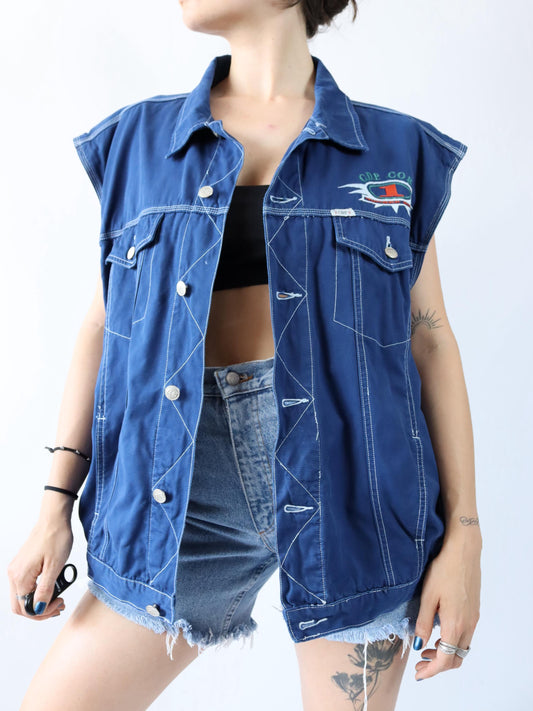 Vintage 80er 90er CDP COMPANY Weste blau weiß Stickerei XL