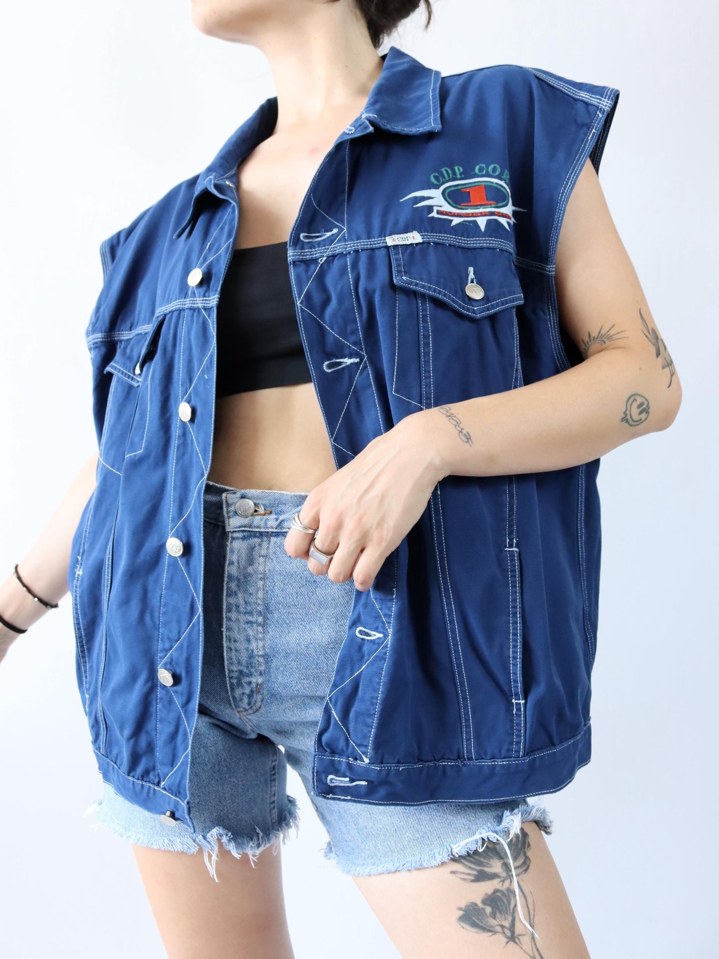 Vintage 80s 90s CDP COMPANY vest blue white embroidery XL