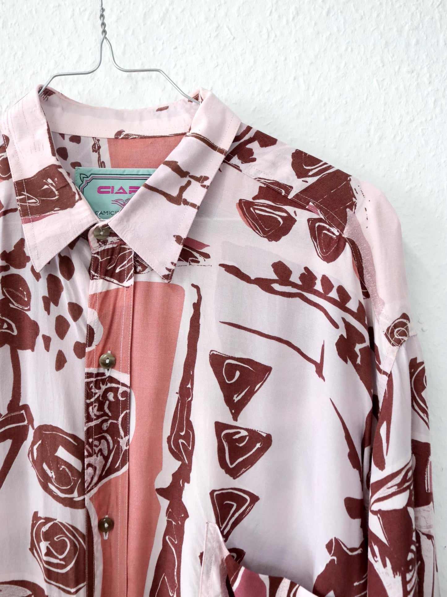 Vintage 80er 90er CIAPS Hemd kurzarm Viskose crazy pattern rosa M