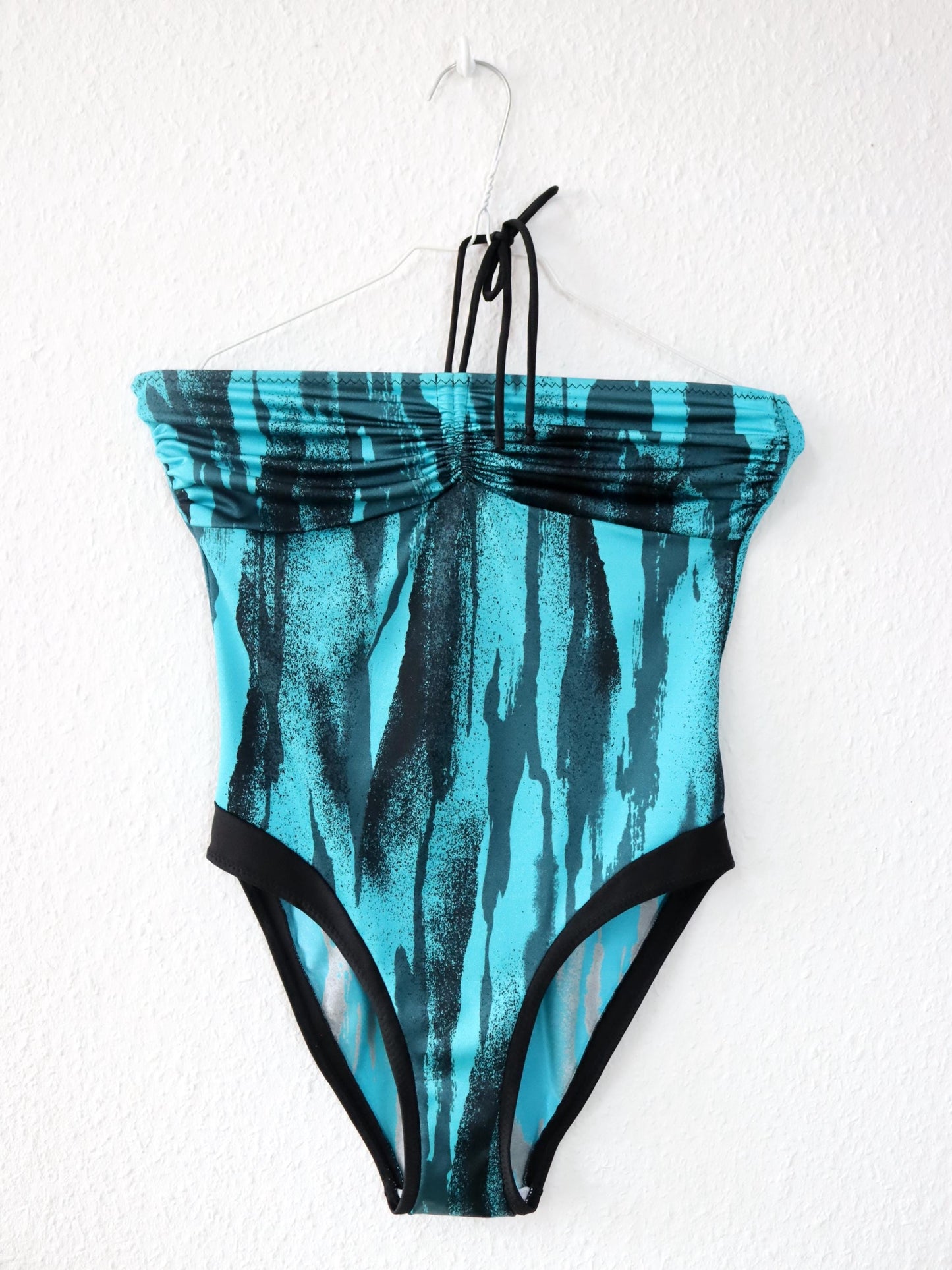 Vintage 80s 90s MAS MARE bodysuit bandeau crazy pattern blue black M