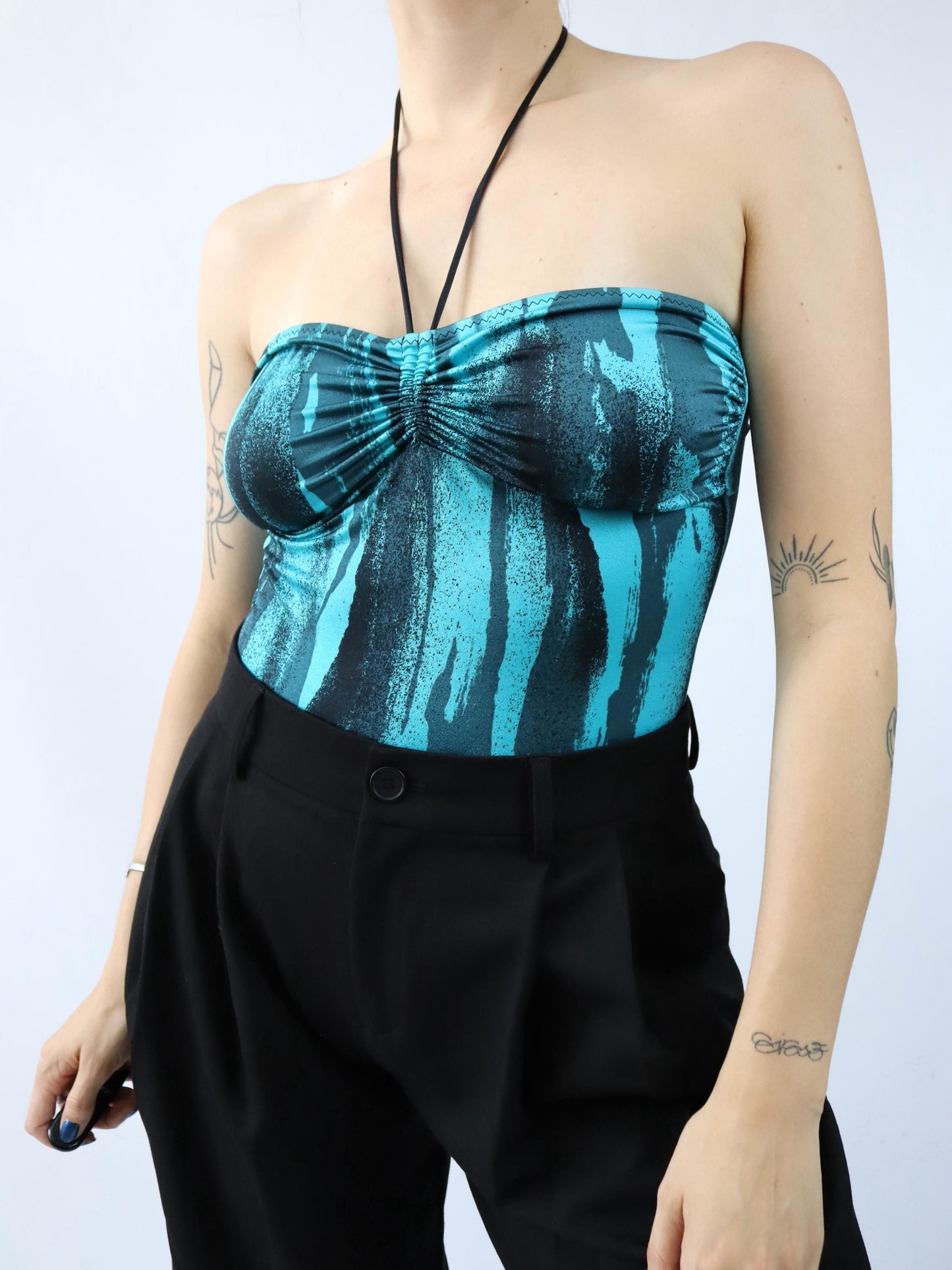 Vintage 80s 90s MAS MARE bodysuit bandeau crazy pattern blue black M
