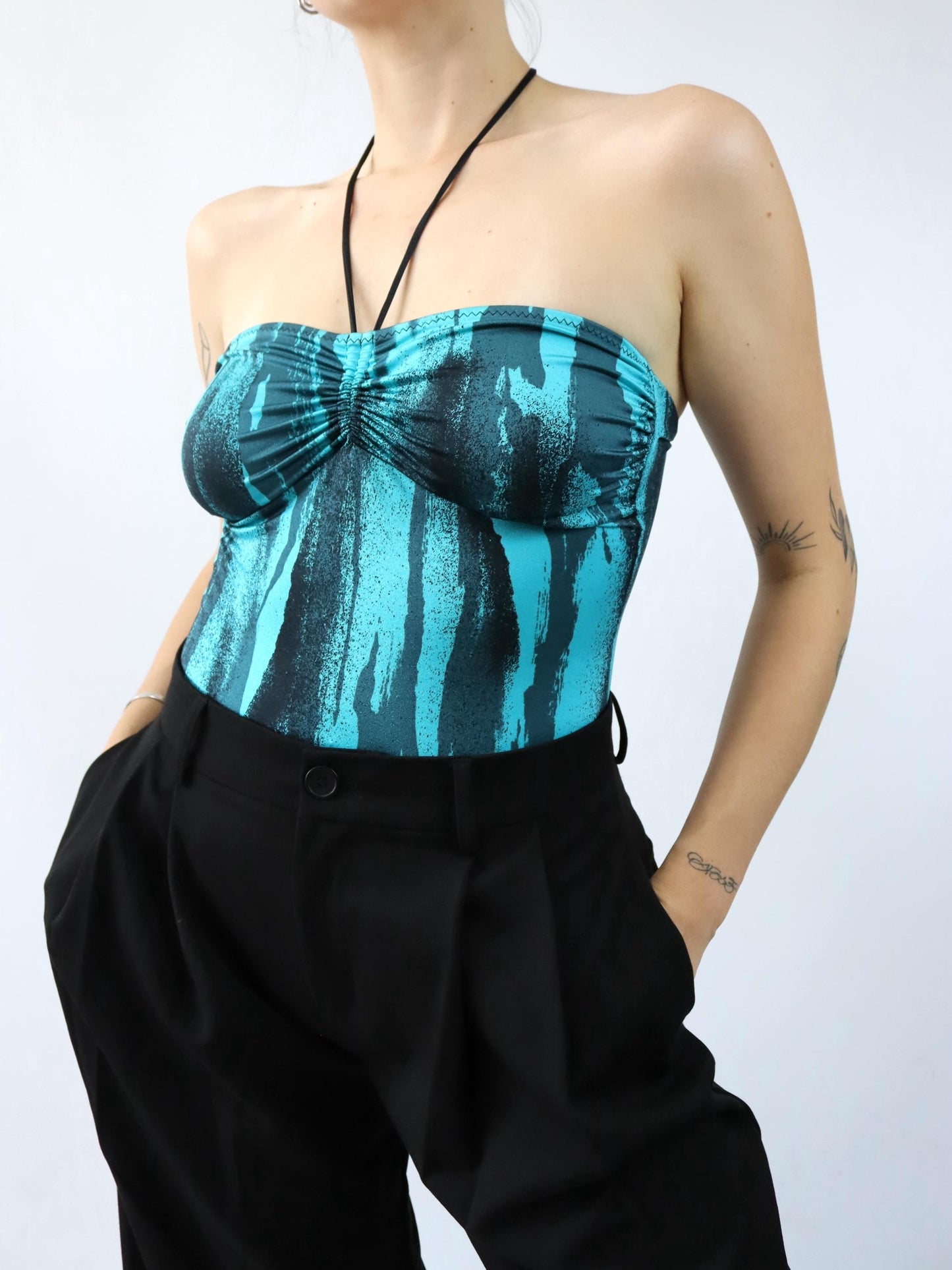 Vintage 80s 90s MAS MARE bodysuit bandeau crazy pattern blue black M