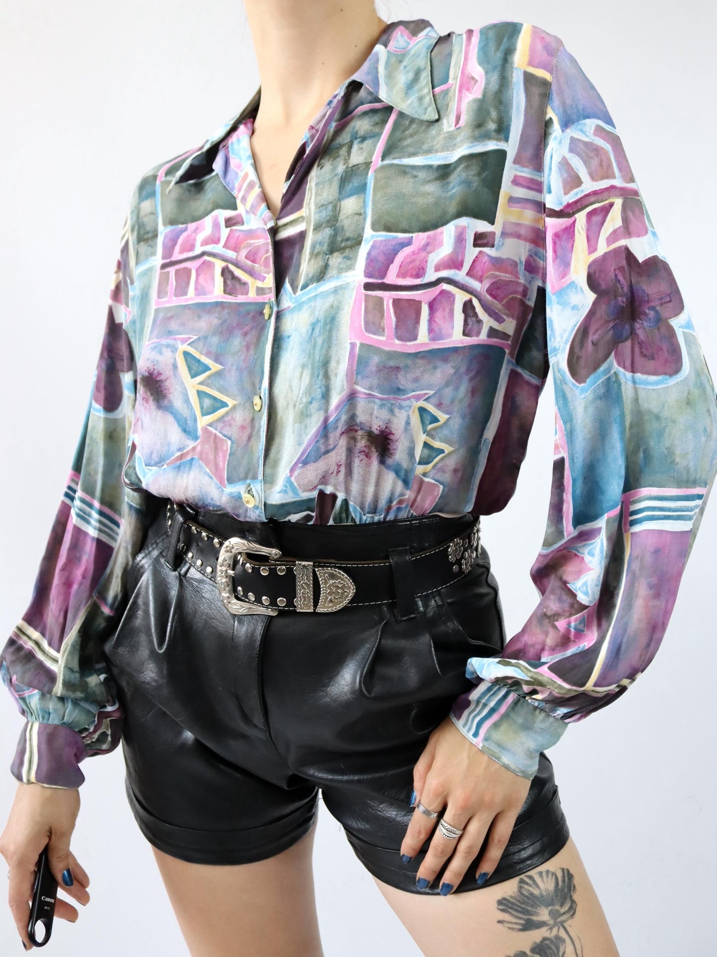 Vintage 80er 90er IPOTESI Body Bluse Viskose langarm crazy pattern 38