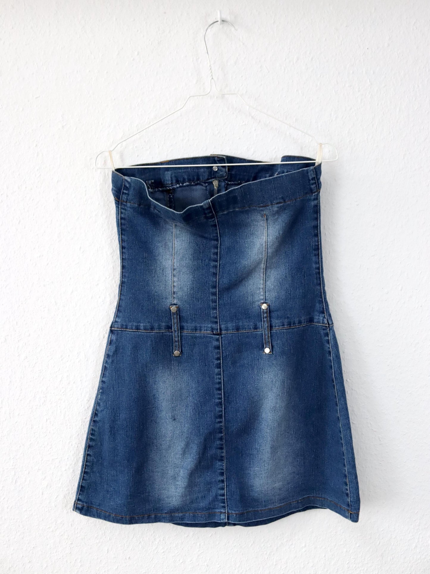 Vintage 90er 00er Y2K FISHBONE Jeanskleid Minikleid Denim Reißverschluss Schulterfrei S