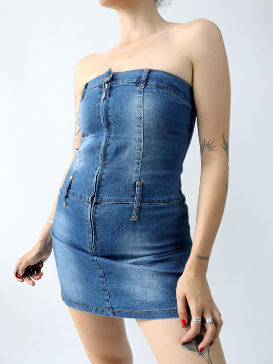 Vintage 90er 00er Y2K FISHBONE Jeanskleid Minikleid Denim Reißverschluss Schulterfrei S