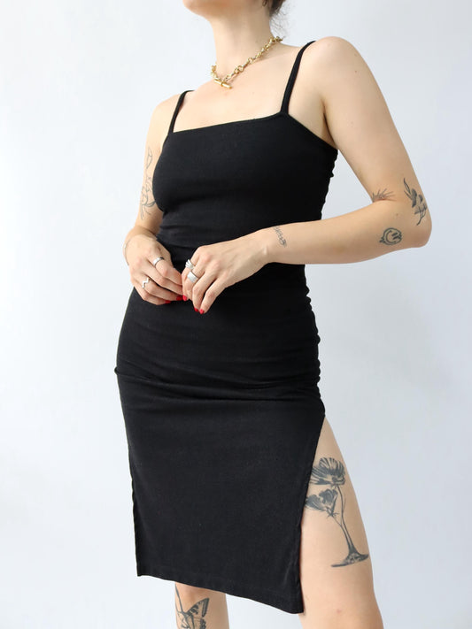 Vintage 80er 90er Midikleid Kleid ärmellos schwarz Schlitz Made in USA M