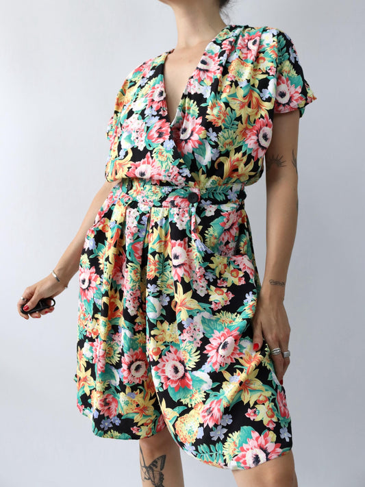 Vintage 80er 90er Jumpsuit Einteiler kurzarm Blumenmuster bunt 44