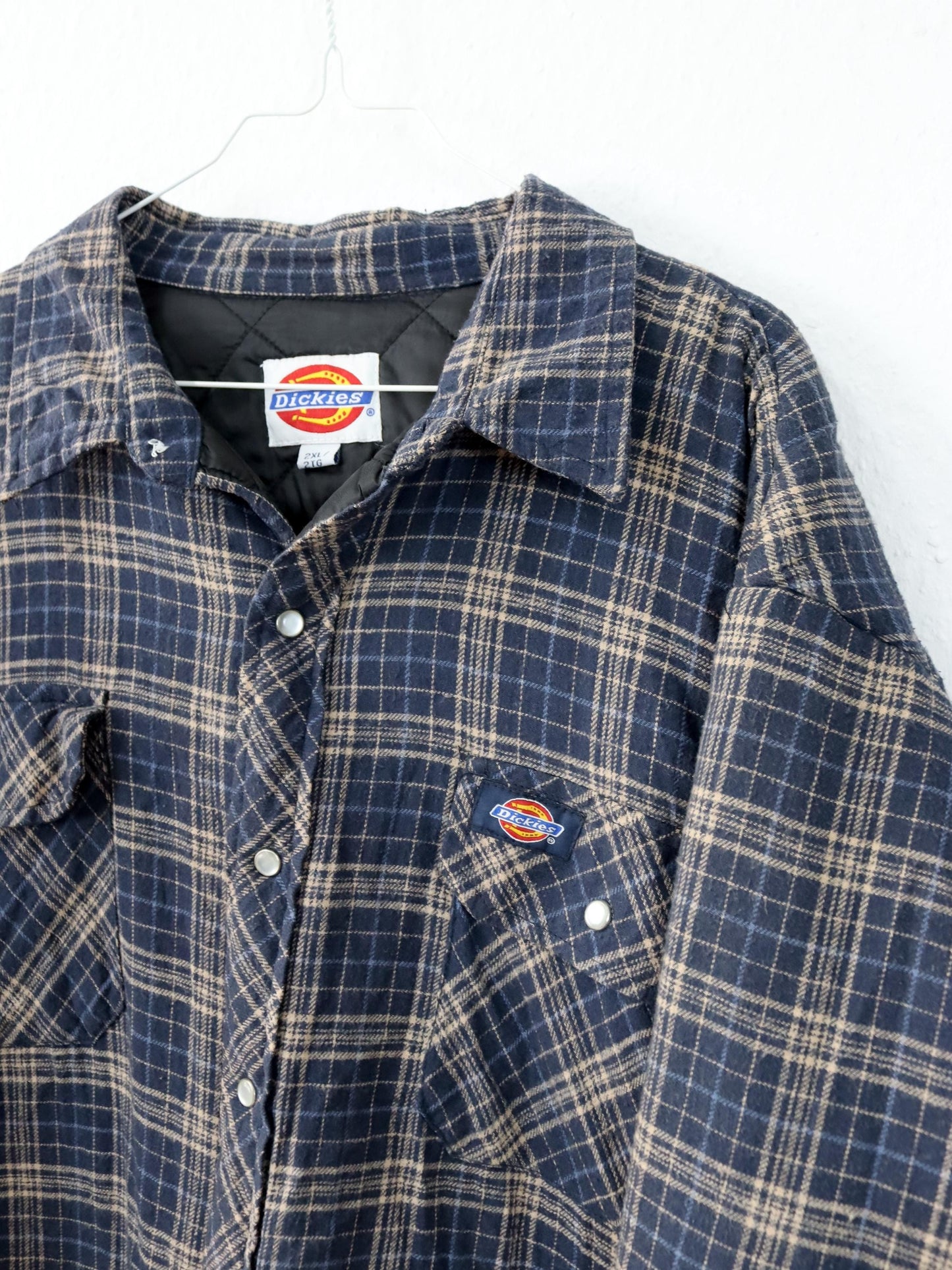 Vintage 90s 00s Y2K DICKIES flannel shirt jacket checked lightly lined blue beige 2XL