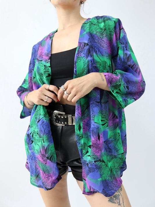 Vintage 80er 90er Kimono Bluse Jacke crazy pattern Lila grün M