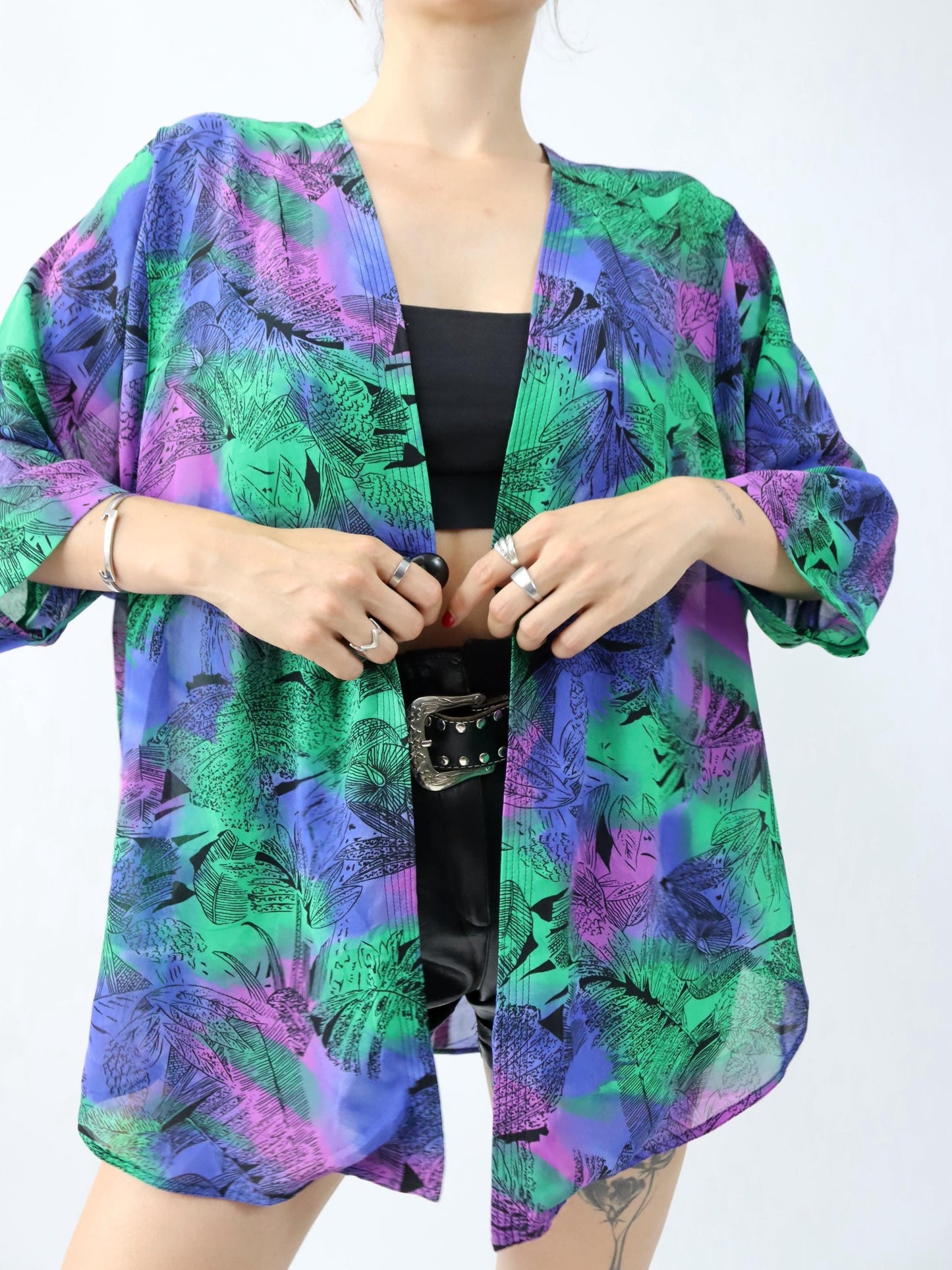 Vintage 80s 90s kimono blouse jacket crazy pattern purple green M