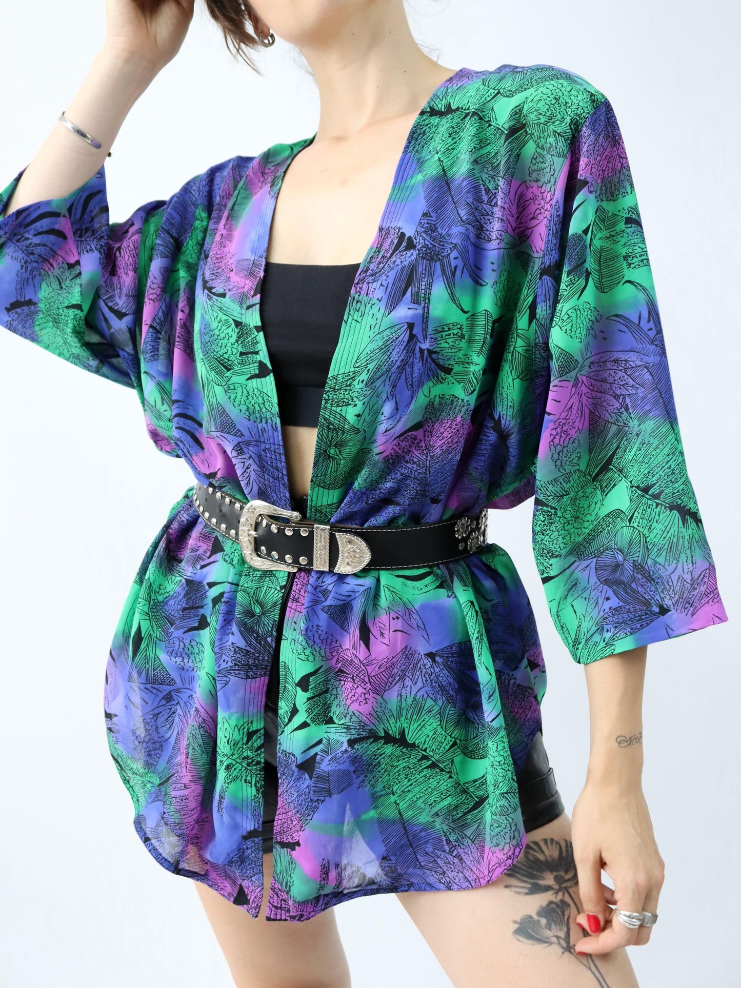 Vintage 80s 90s kimono blouse jacket crazy pattern purple green M