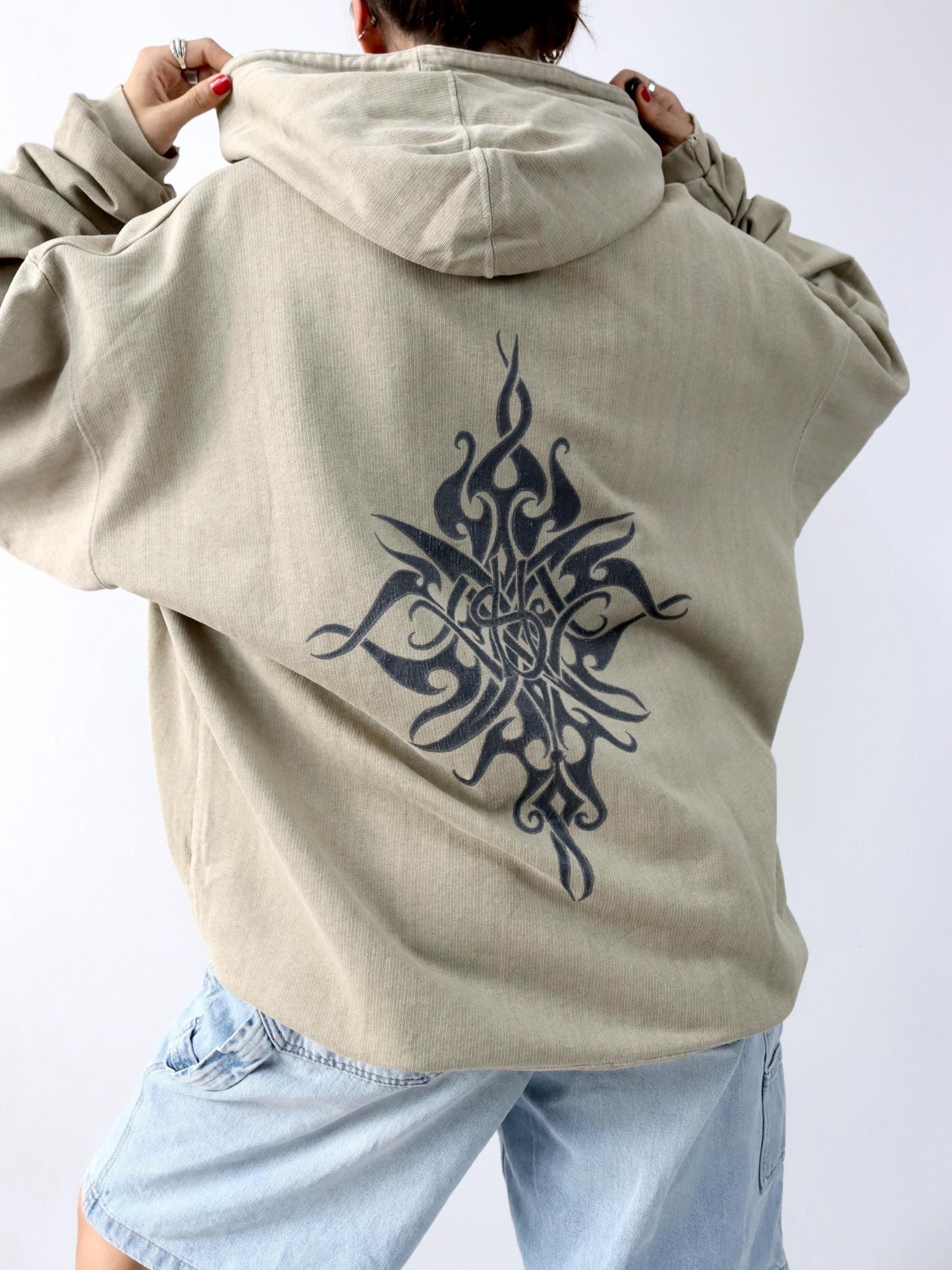 Vintage 80s 90s SKY&HI hoodie sweater beige print tribal XL