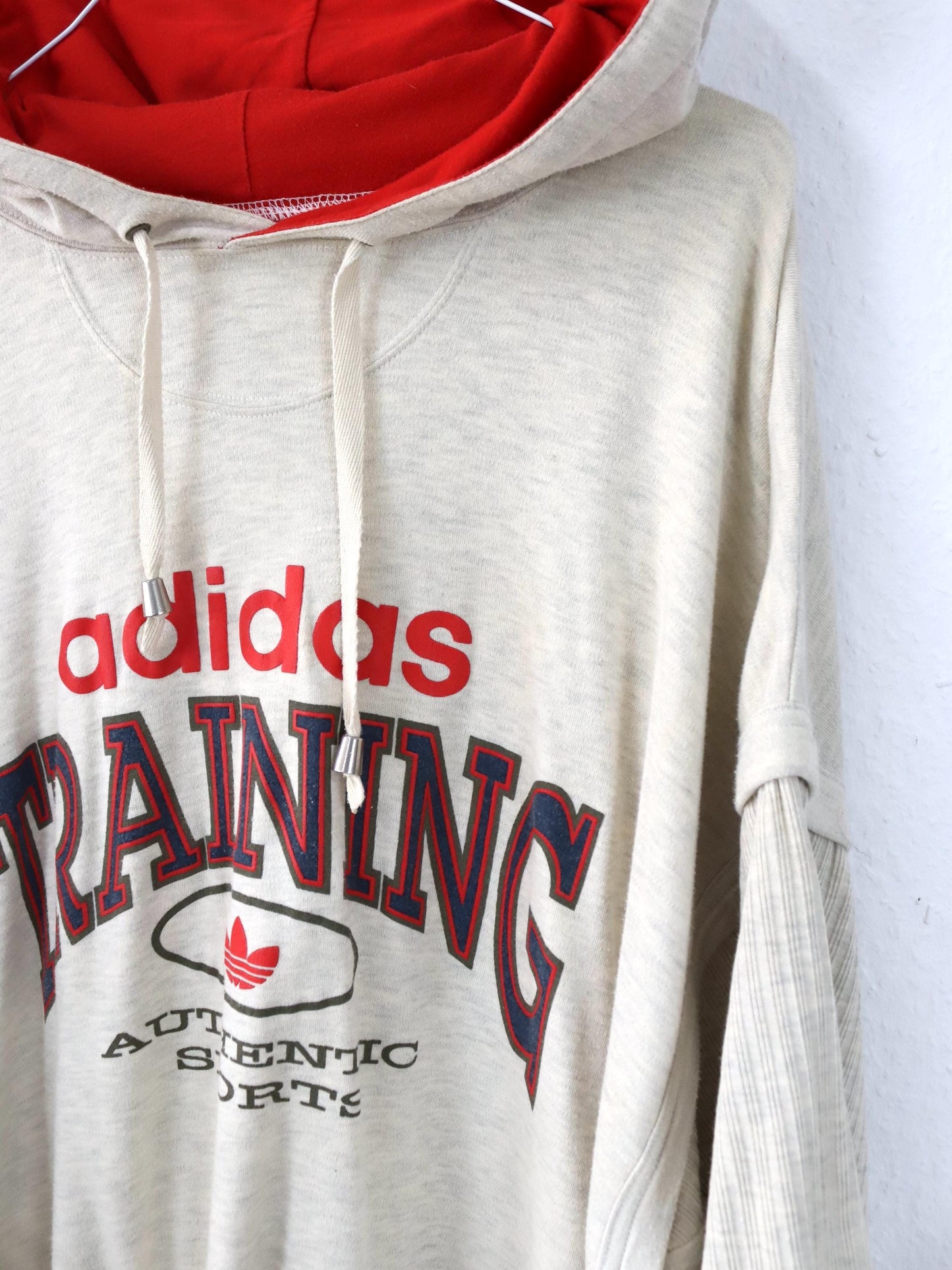 Vintage 80s 90s ADIDAS TRAINING T-Shirt short sleeve thick fabric beige print hood L
