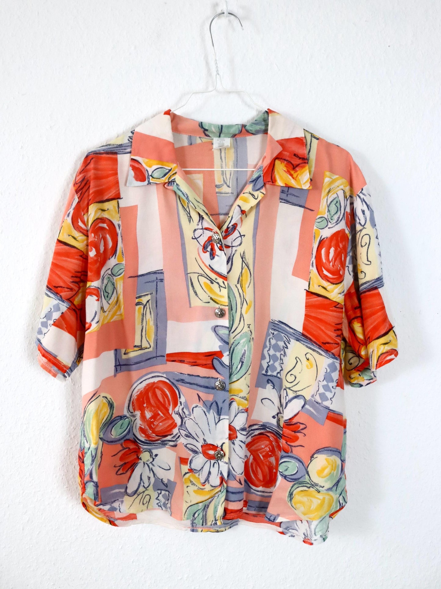 Vintage 80er 90er Bluse kurzarm Viskose crazy pattern M