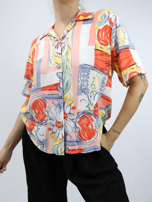 Vintage 80er 90er Bluse kurzarm Viskose crazy pattern M