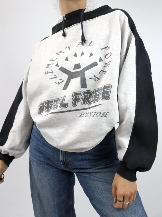 Vintage 80er 90er FEEL FREE Sweatshirt Pullover grau schwarz Print M
