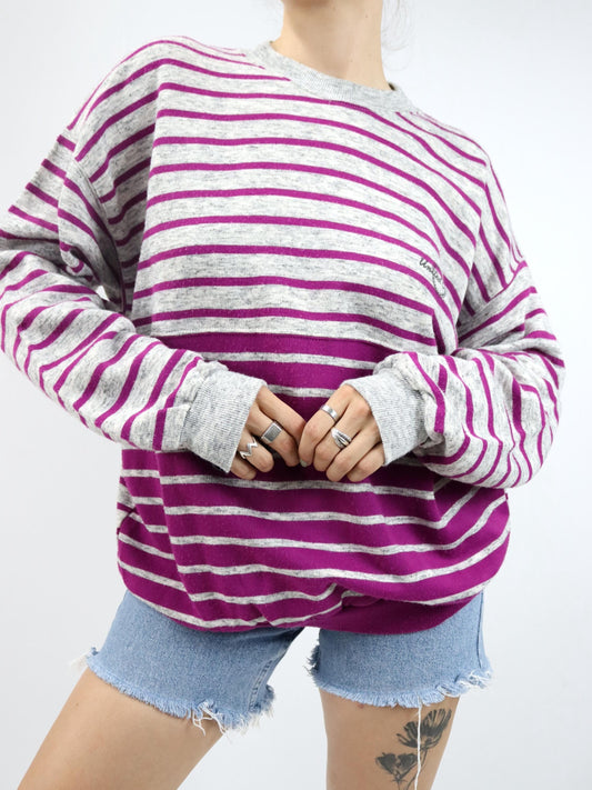 Vintage 80er 90er UNITED COTTON Sweatshirt Pullover gestreift grau lila L