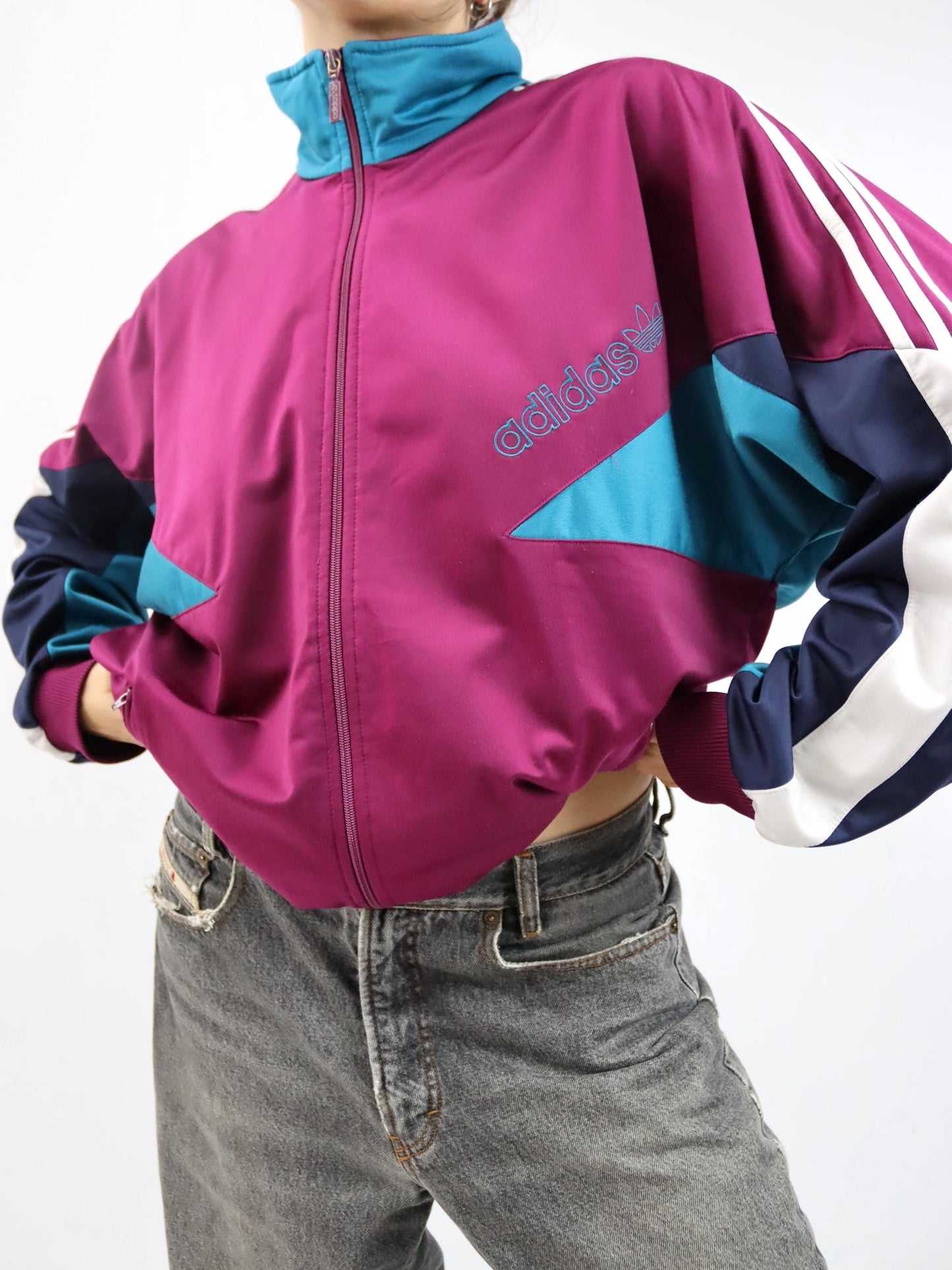 Vintage 80s 90s ADIDAS tracksuit jacket stand-up collar blue purple 186 L/XL