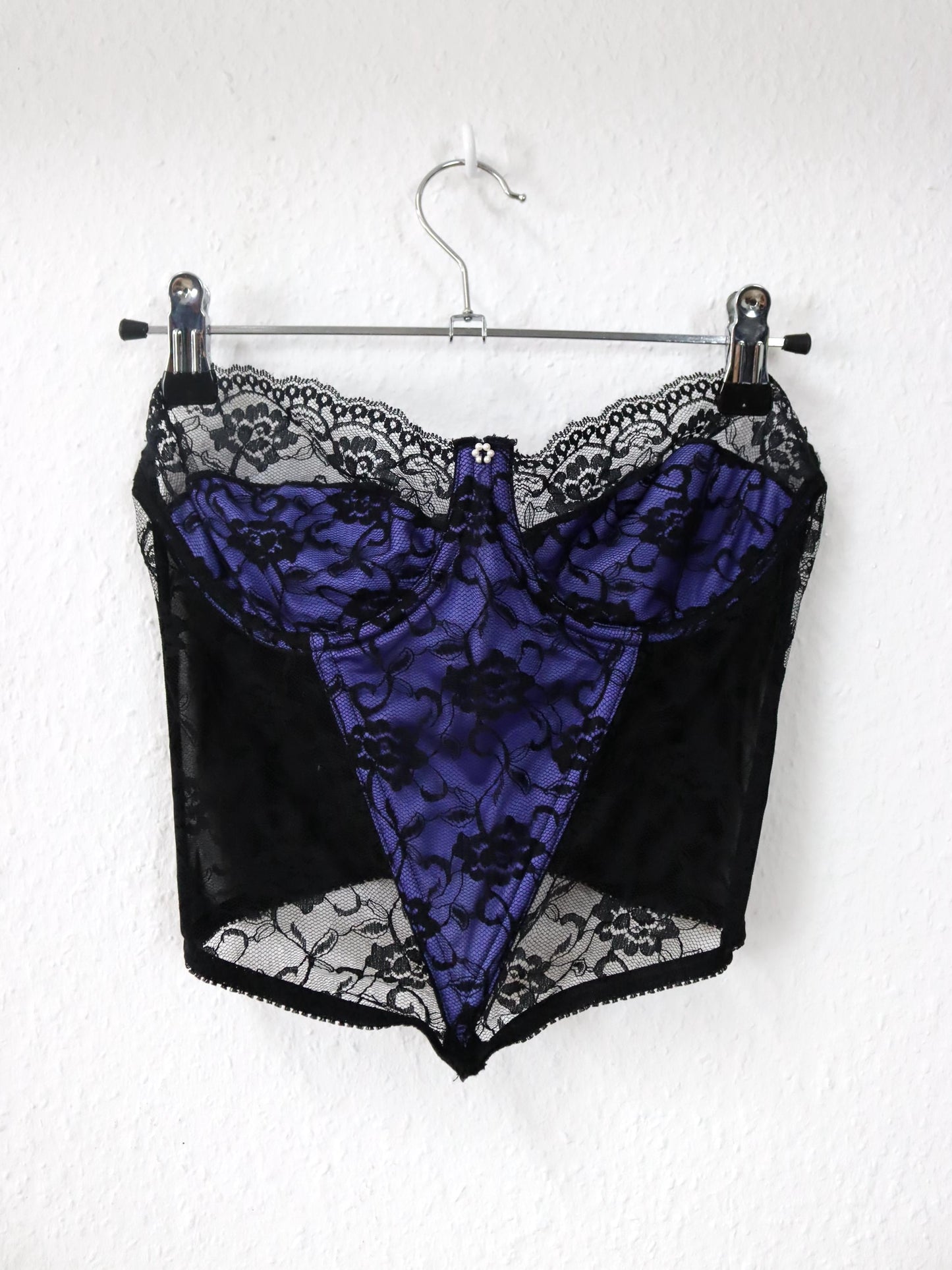 Vintage 80s 90s MISS HELEN corset bustier bandeau lace purple black M 75B