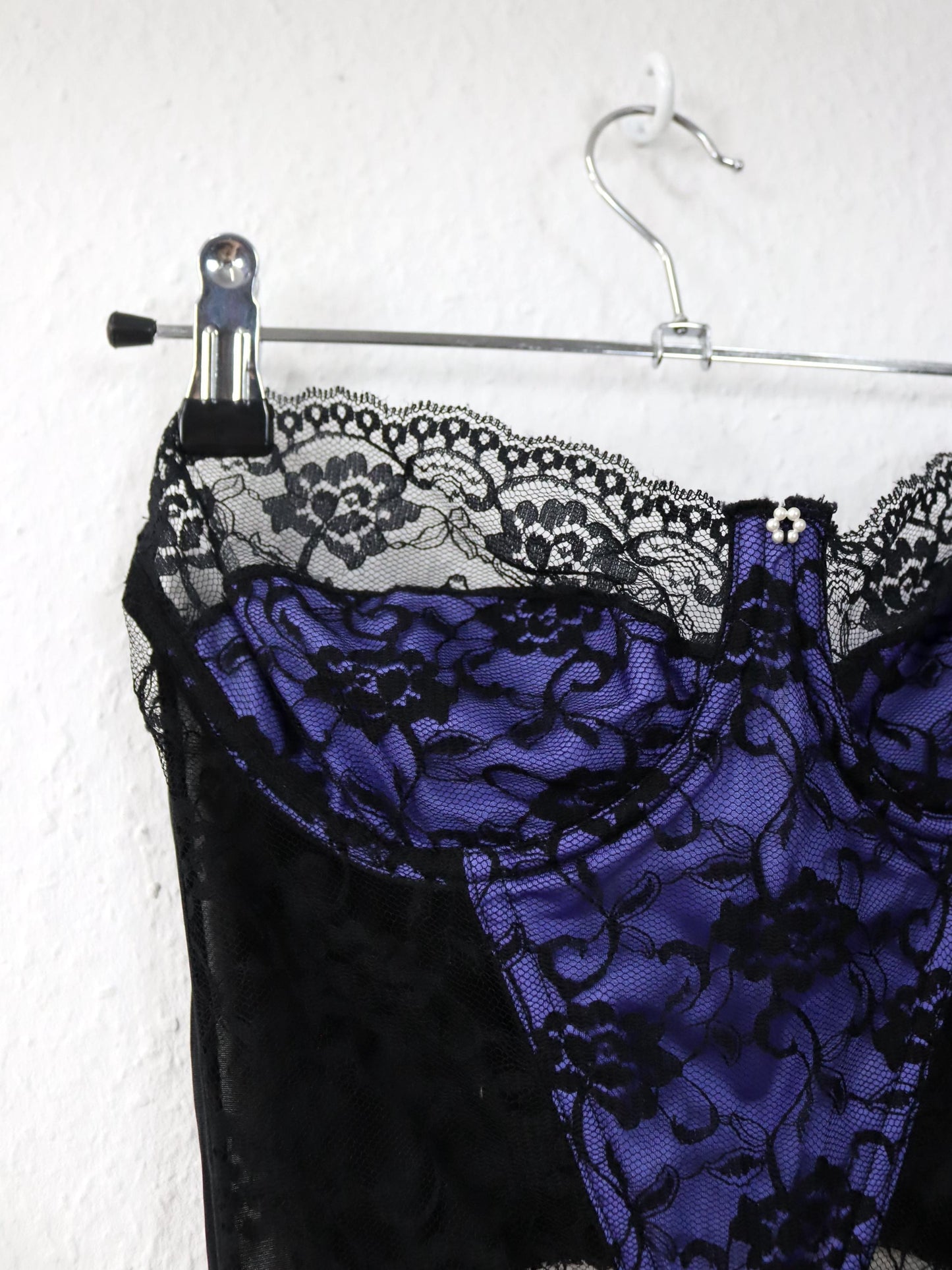 Vintage 80s 90s MISS HELEN corset bustier bandeau lace purple black M 75B
