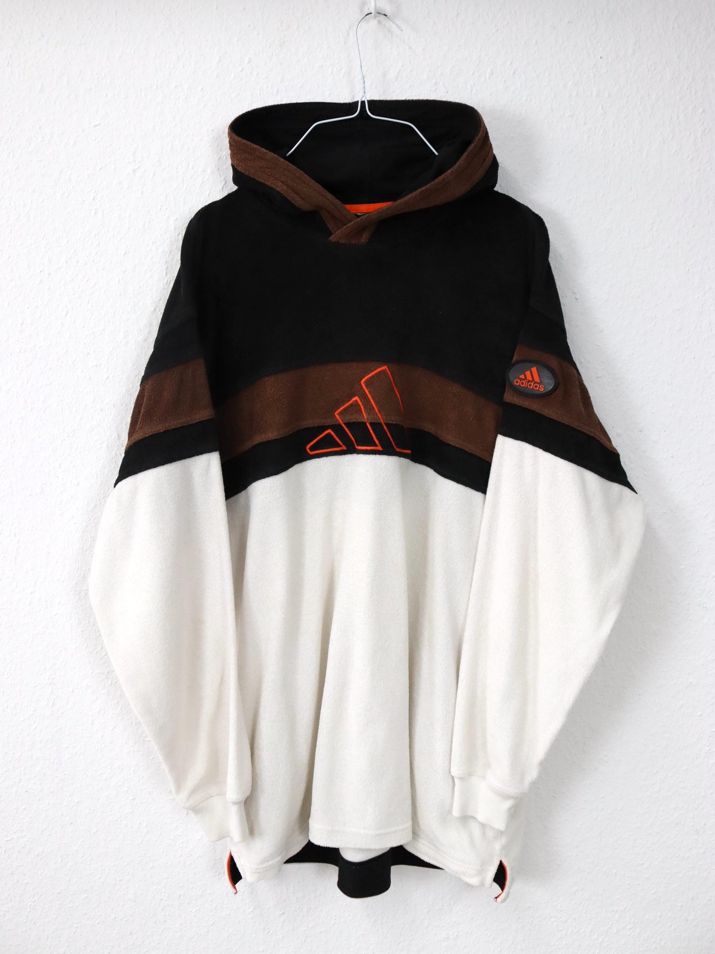 Vintage 80s 90s ADIDAS Hoodie Pullover Terry Cloth Brown Orange White XL