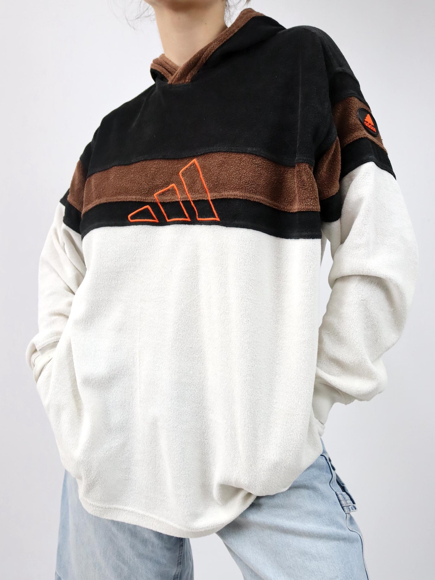 Vintage 80s 90s ADIDAS Hoodie Pullover Terry Cloth Brown Orange White XL