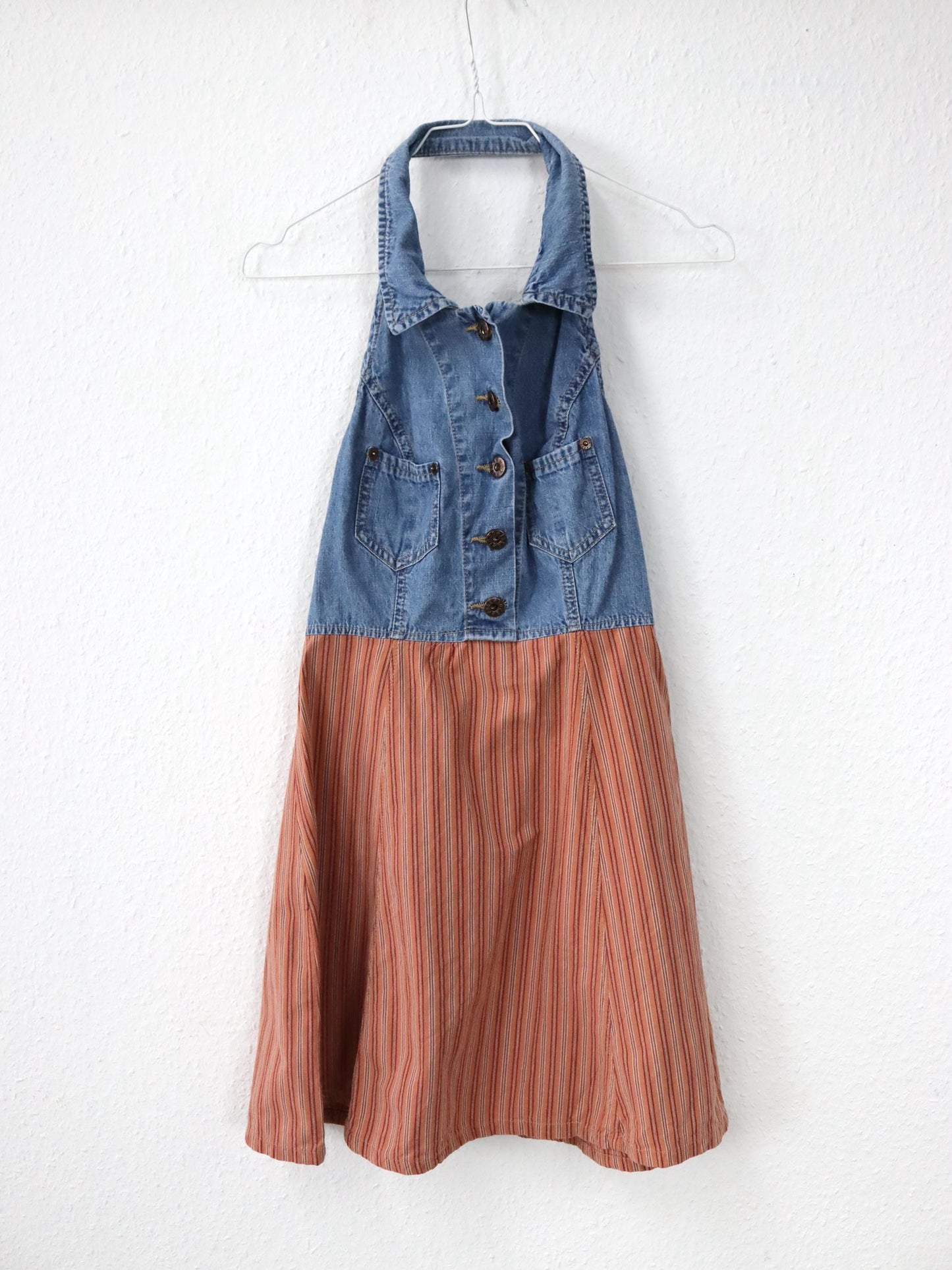 Vintage 80er 90er FREESOUL Jeanskleid Neckholder Minikleid gestreift Denim 36 S