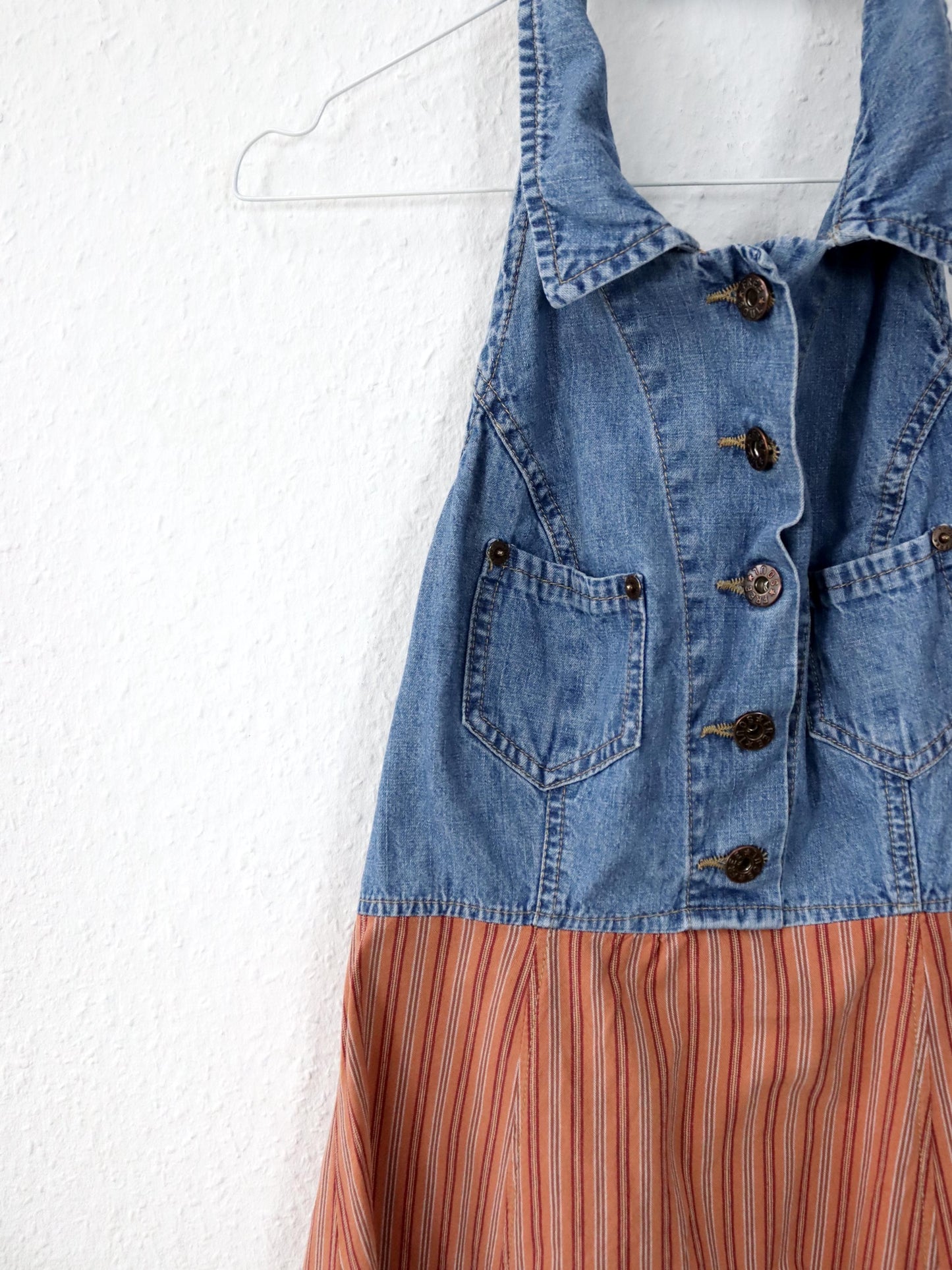 Vintage 80er 90er FREESOUL Jeanskleid Neckholder Minikleid gestreift Denim 36 S