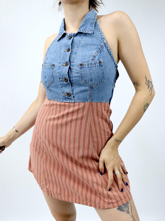 Vintage 80er 90er FREESOUL Jeanskleid Neckholder Minikleid gestreift Denim 36 S