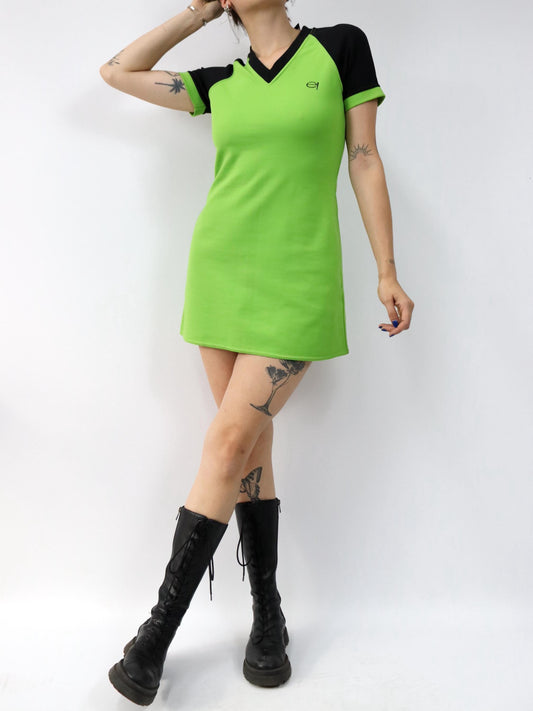 Vintage 90er 00er Y2k XPENSIVE Minikleid Kleid kurzarm schwarz grün V-Ausschnitt Deadstock M