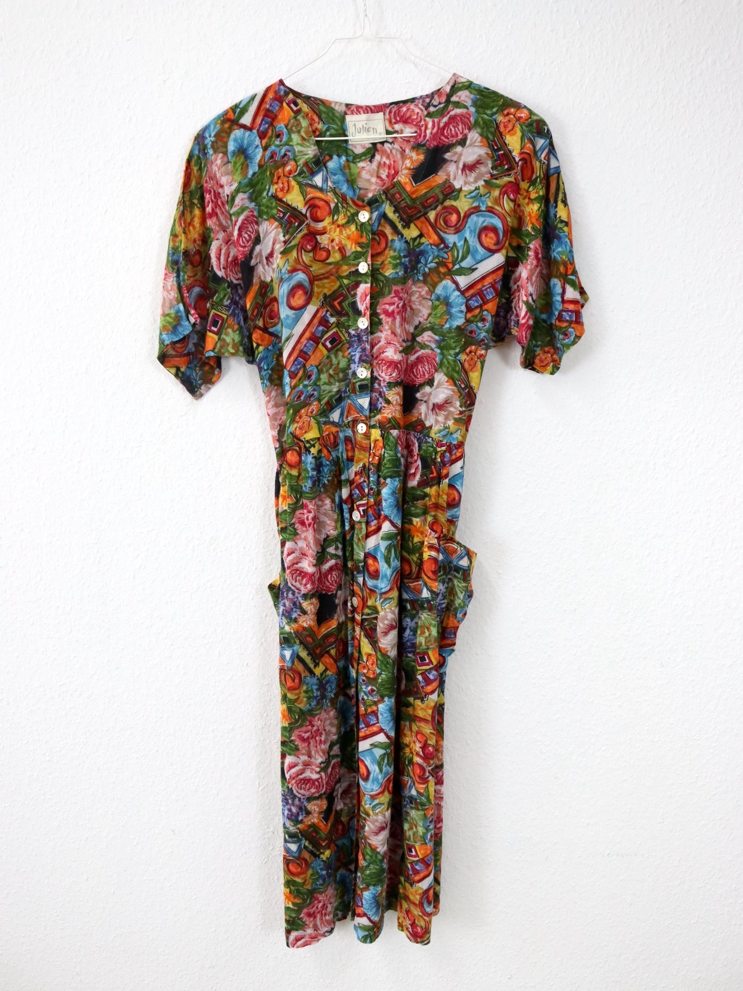 Vintage 80er 90er JULIEN Midikleid Blumenmuster Knopfleiste Viskose kurzarm bunt M