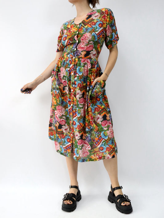 Vintage 80er 90er JULIEN Midikleid Blumenmuster Knopfleiste Viskose kurzarm bunt M