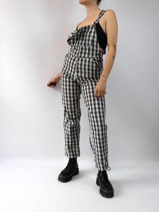 Vintage 80er 90er XCAPE Latzhose Overall kariert schwarz weiß 38