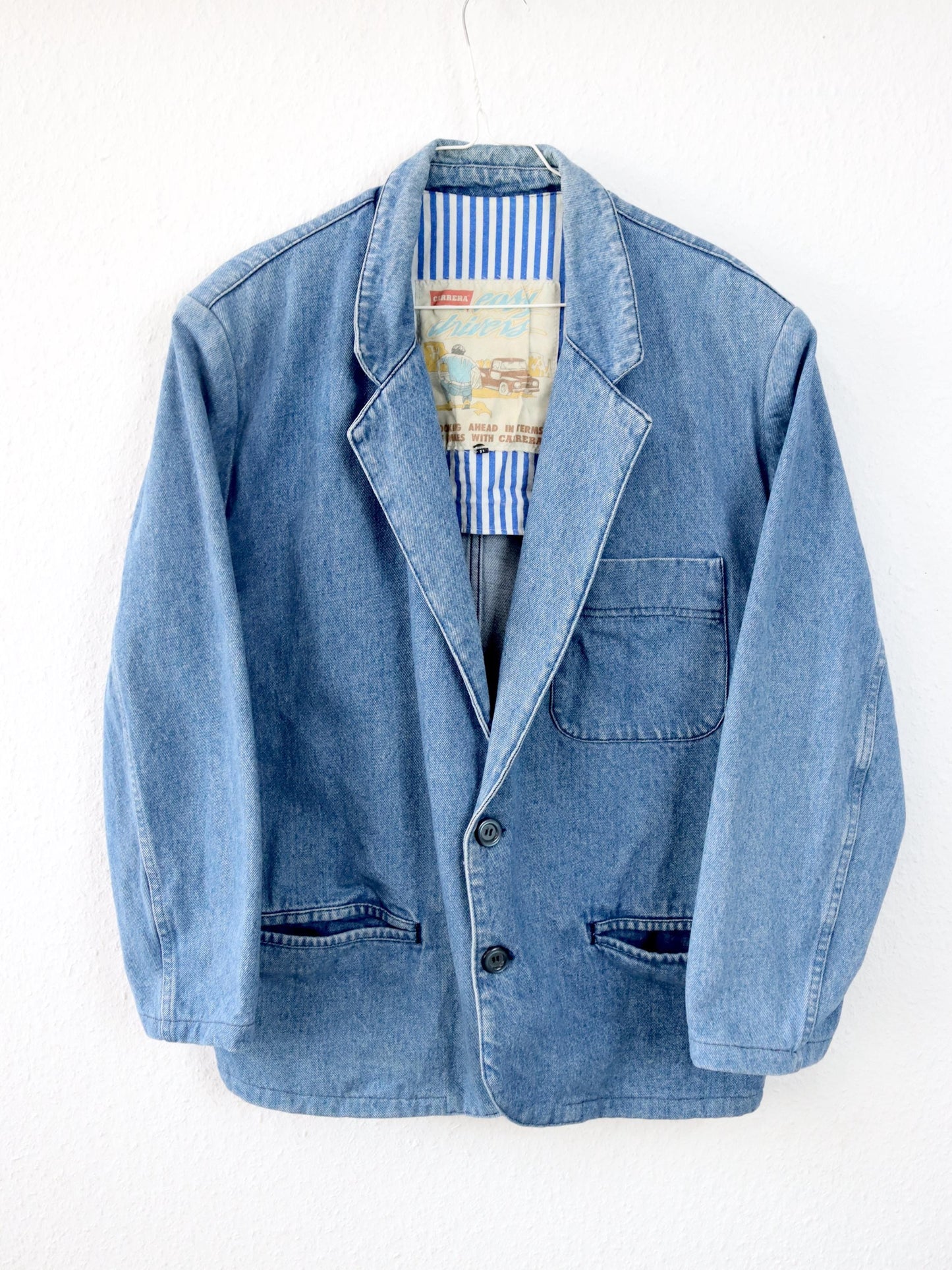 Vintage 80er 90er CARRERA Jeansblazer Blazer Denim Schulterpolster hellblau L