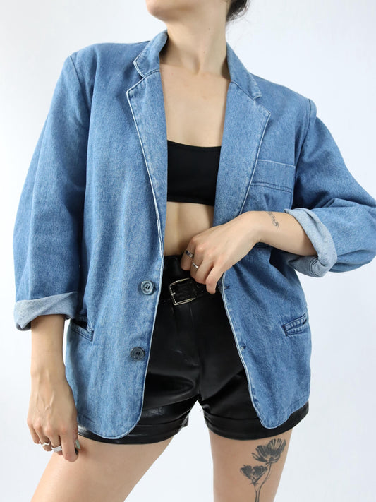 Vintage 80er 90er CARRERA Jeansblazer Blazer Denim Schulterpolster hellblau L