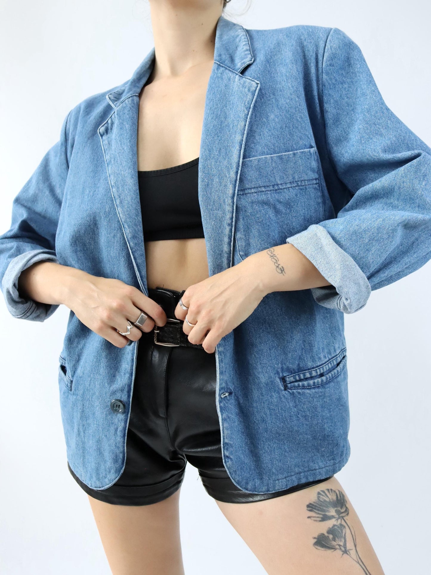 Vintage 80er 90er CARRERA Jeansblazer Blazer Denim Schulterpolster hellblau L