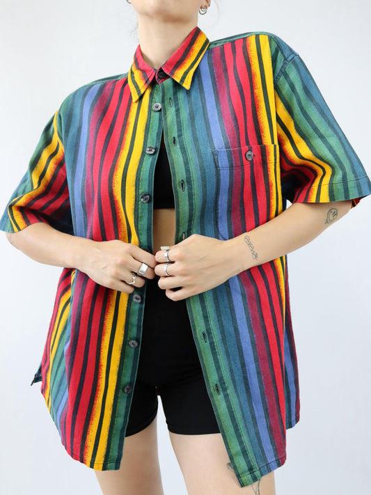 Vintage 80er 90er MANS Hemd kurzarm gestreift bunt Waffeloptik XXL