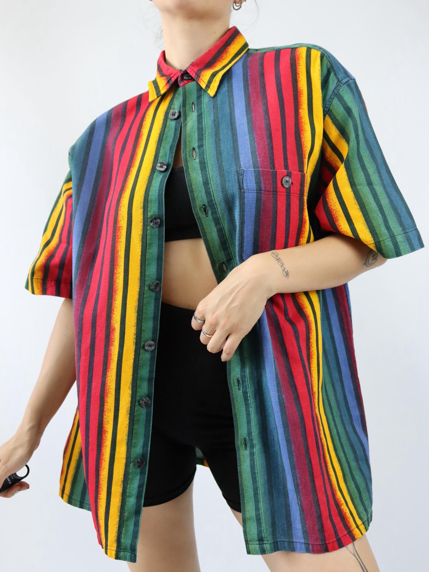 Vintage 80s 90s MANS shirt short sleeve striped colorful waffle look XXL