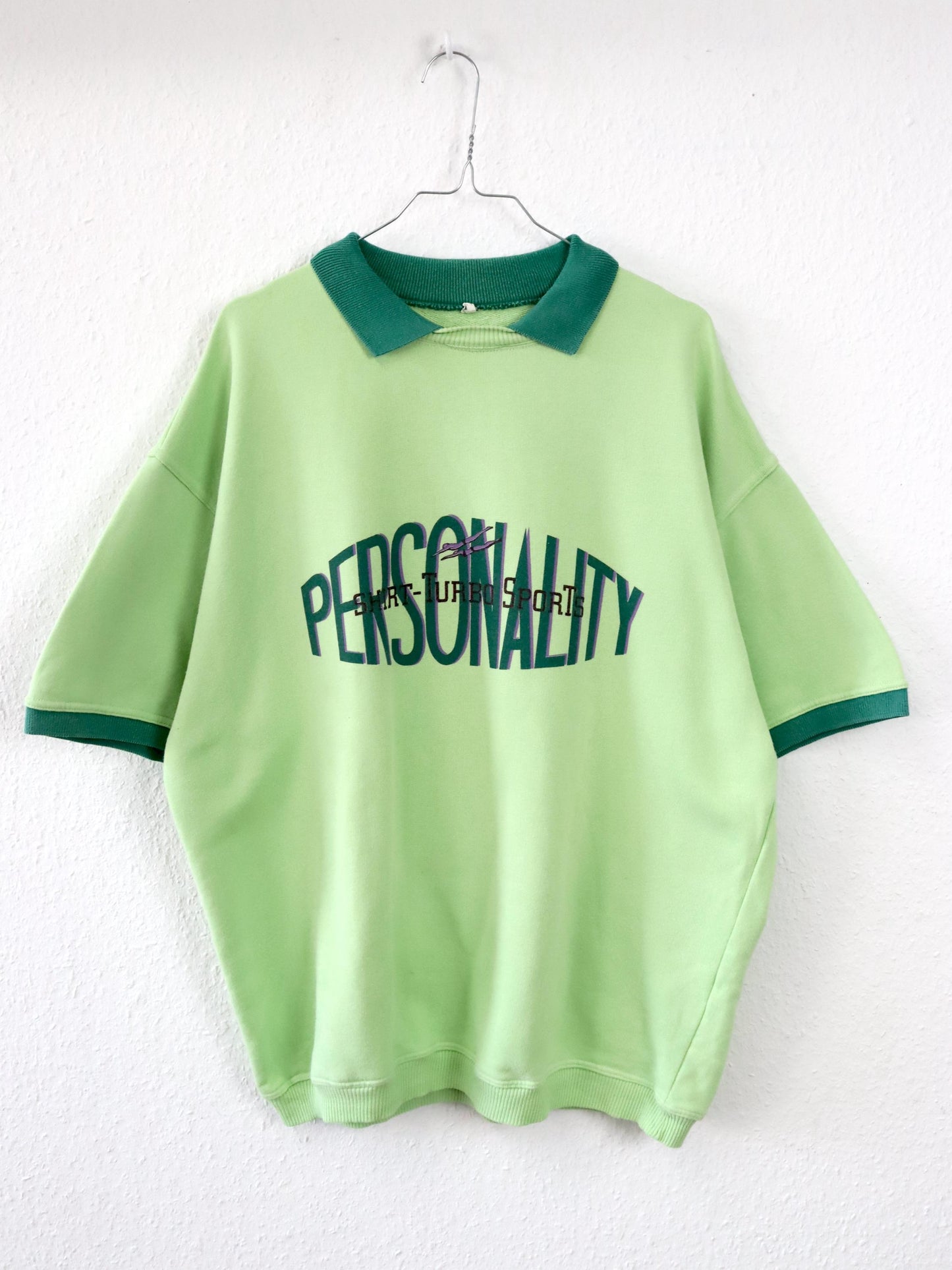 Vintage 80s 90s TURBO sweatshirt short sleeve polo collar print green XL