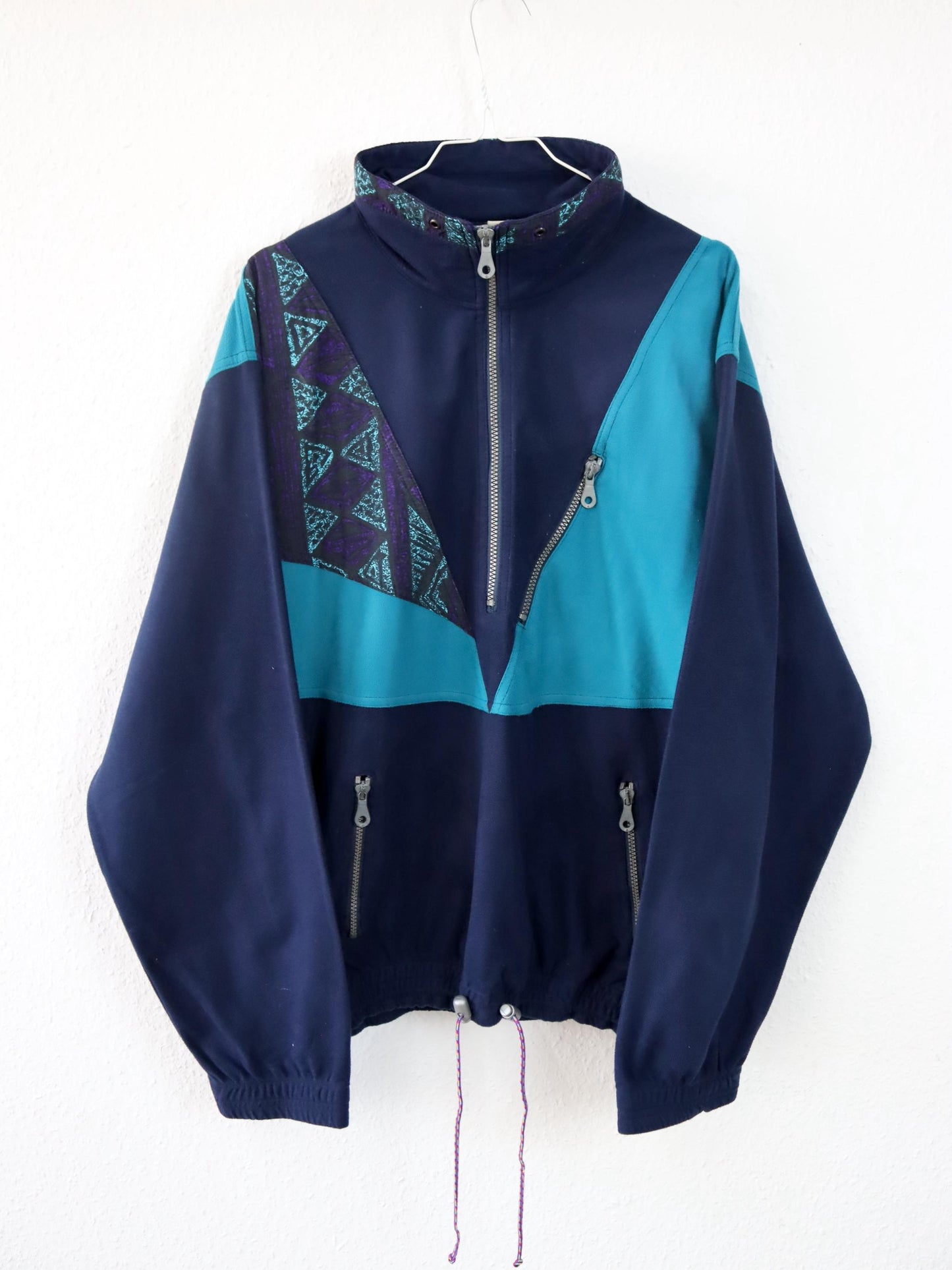 Vintage 80s 90s FULLFORCE sweatshirt velour turquoise dark blue crazy pattern 54 XL