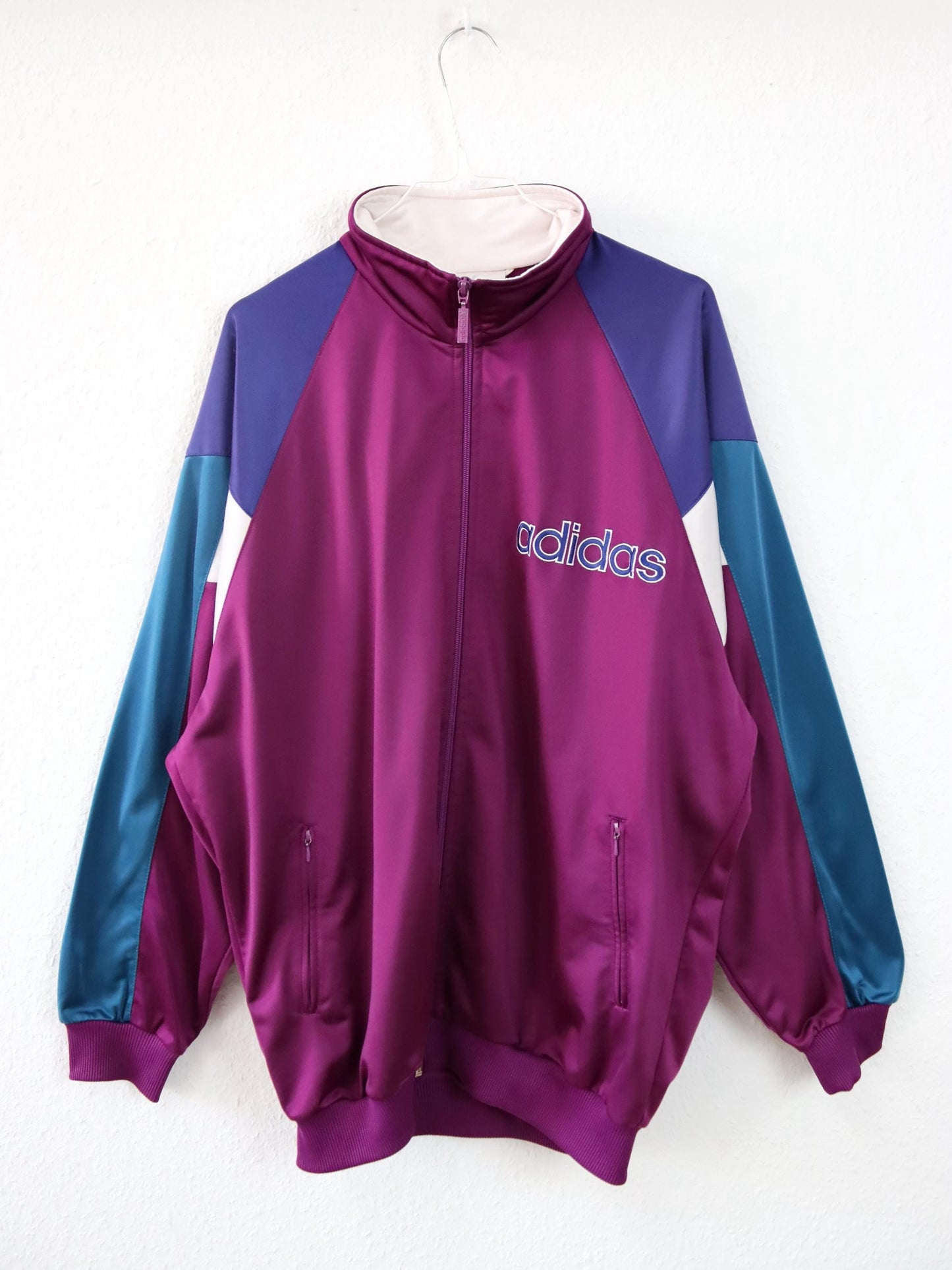 Vintage 80s 90s ADIDAS tracksuit jacket stand-up collar pink purple petrol D7 L