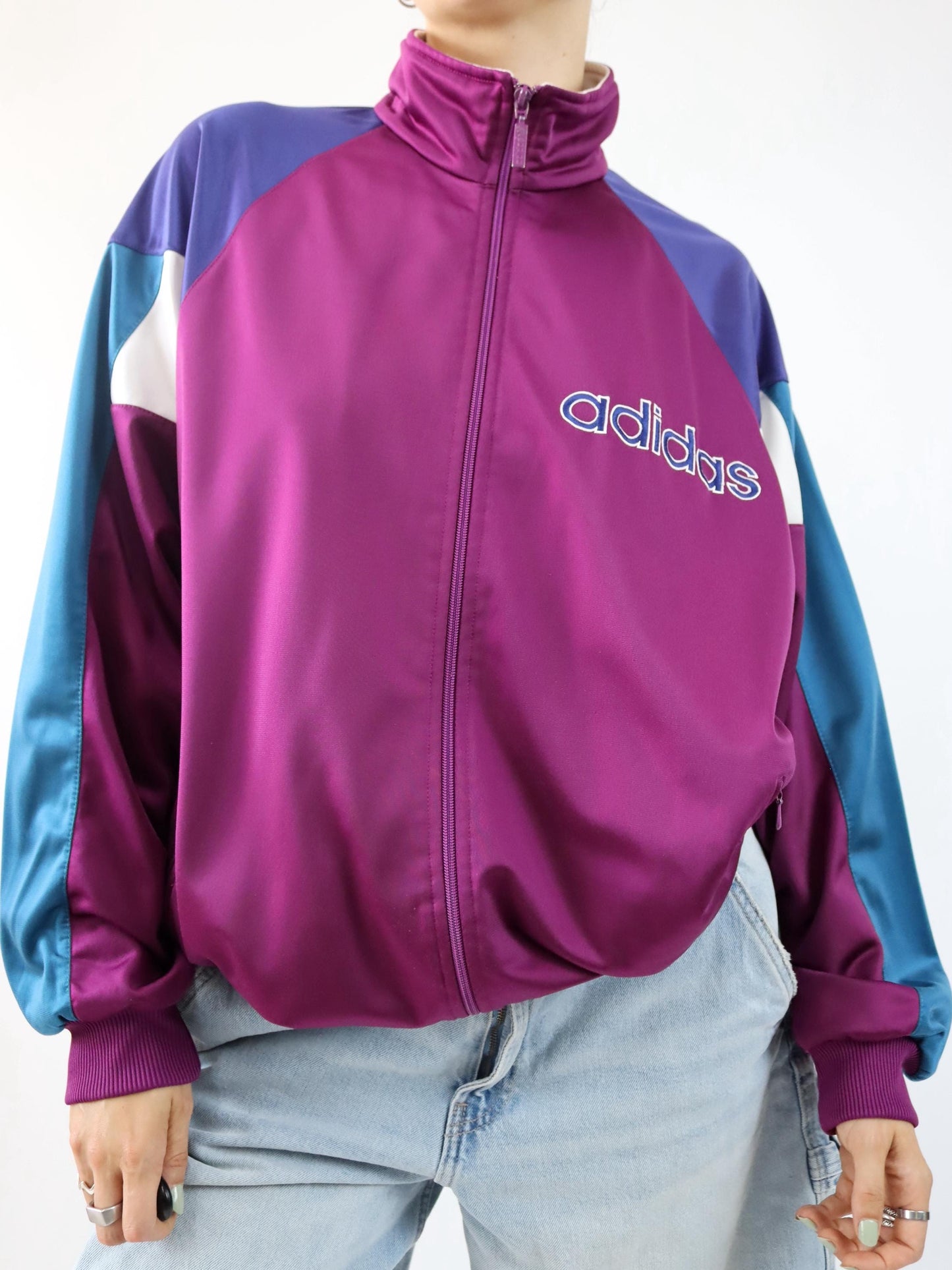 Vintage 80s 90s ADIDAS tracksuit jacket stand-up collar pink purple petrol D7 L