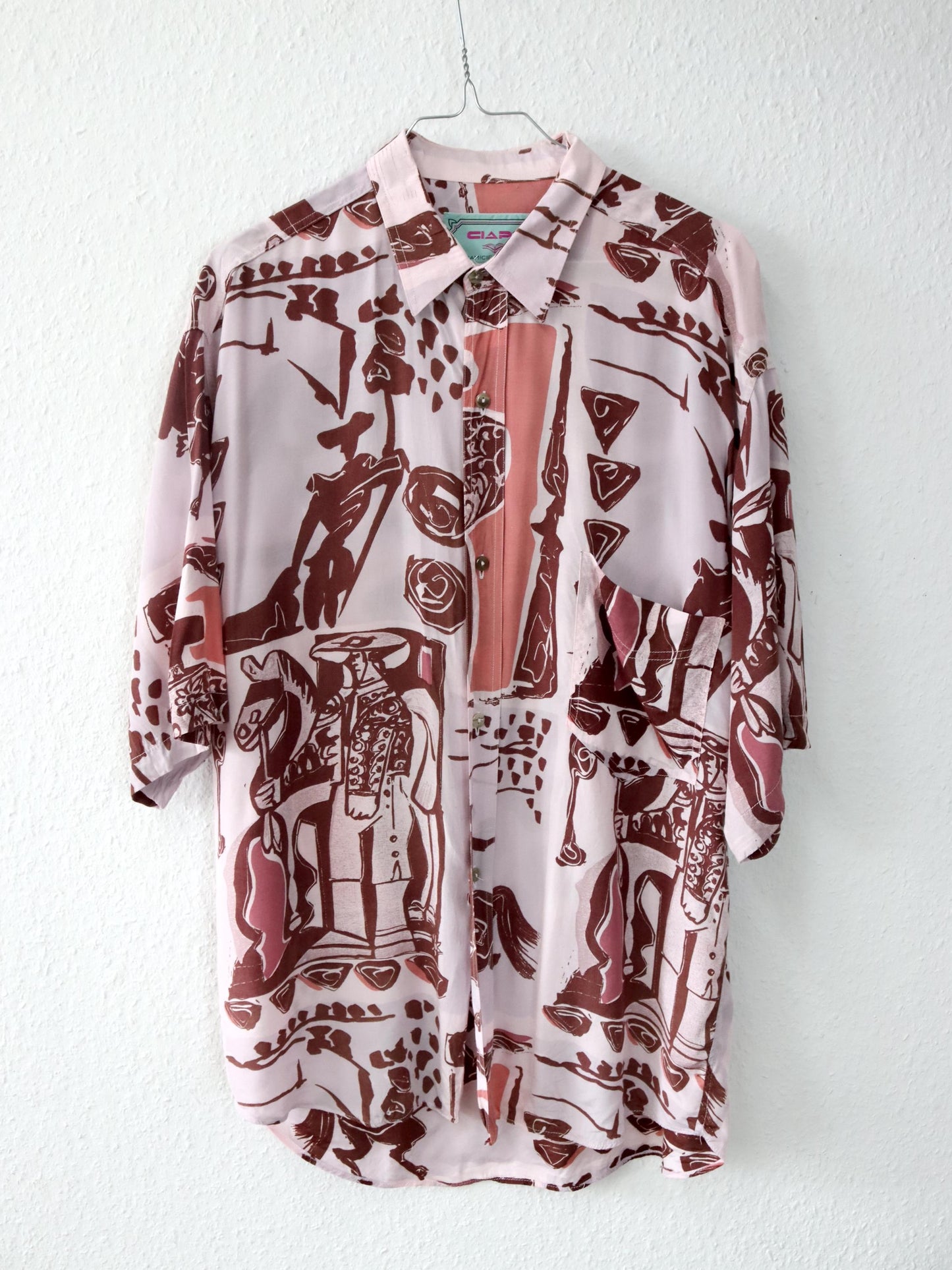 Vintage 80er 90er CIAPS Hemd kurzarm Viskose crazy pattern rosa M