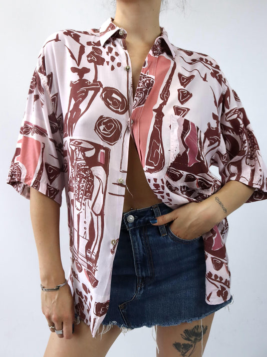 Vintage 80er 90er CIAPS Hemd kurzarm Viskose crazy pattern rosa M
