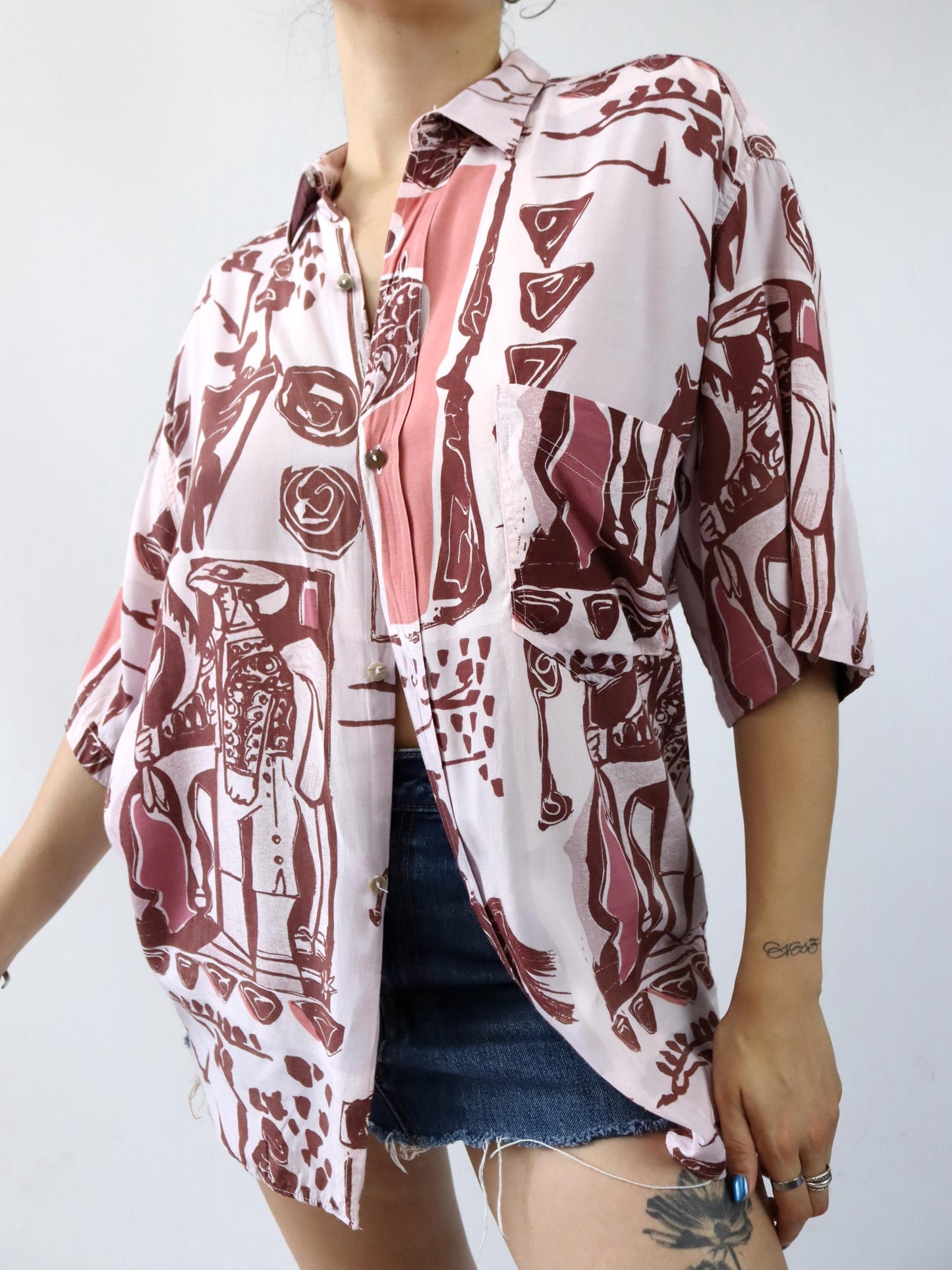 Vintage 80er 90er CIAPS Hemd kurzarm Viskose crazy pattern rosa M