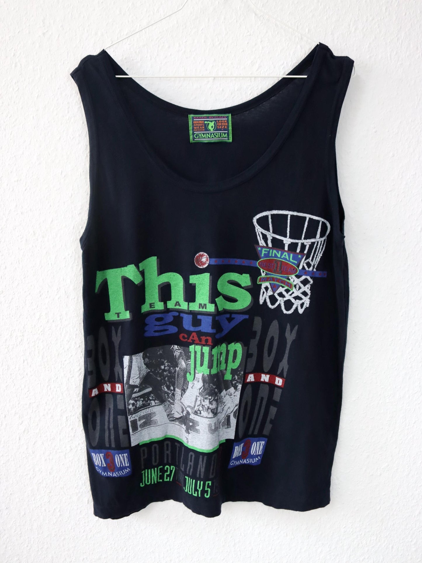 Vintage 80s 90s GYMNASIUM tank top print black colorful L