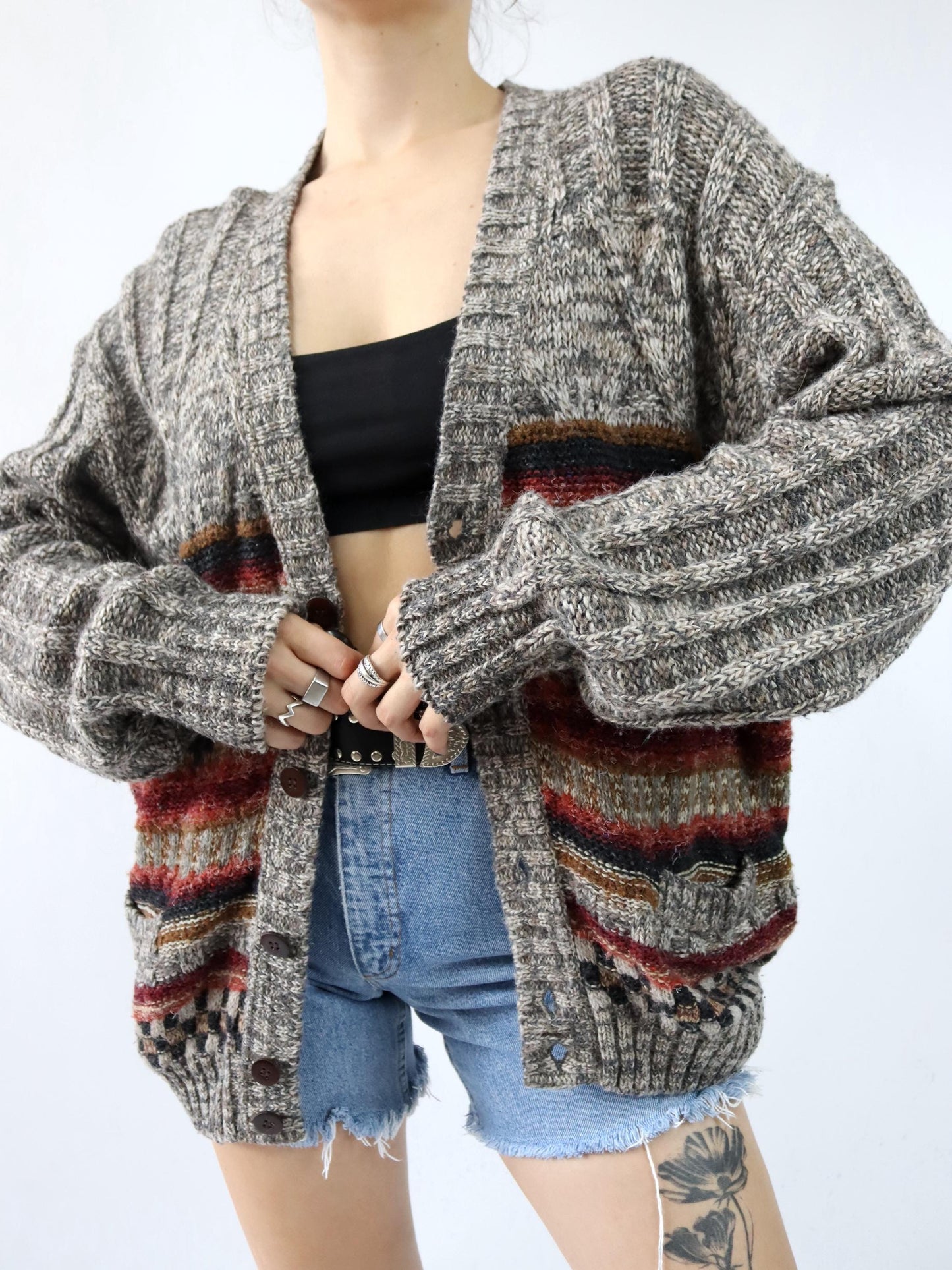 Vintage 80er 90er NANIBON Cardigan Strickjacke Wolle gemustert 52 L/XL