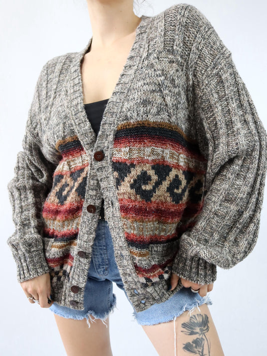 Vintage 80er 90er NANIBON Cardigan Strickjacke Wolle gemustert 52 L/XL